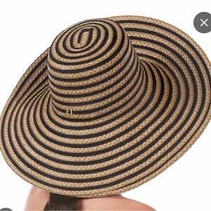 Studio Collection striped wide-brimmed straw floppy sun hat tan and black stripe